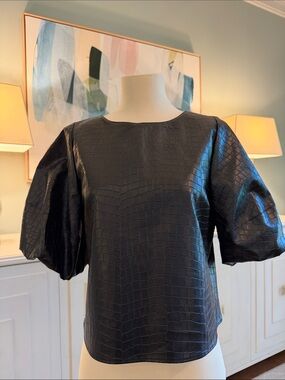 Amanda Uprichard Black Faux Croc Puff Sleeve Top - Women